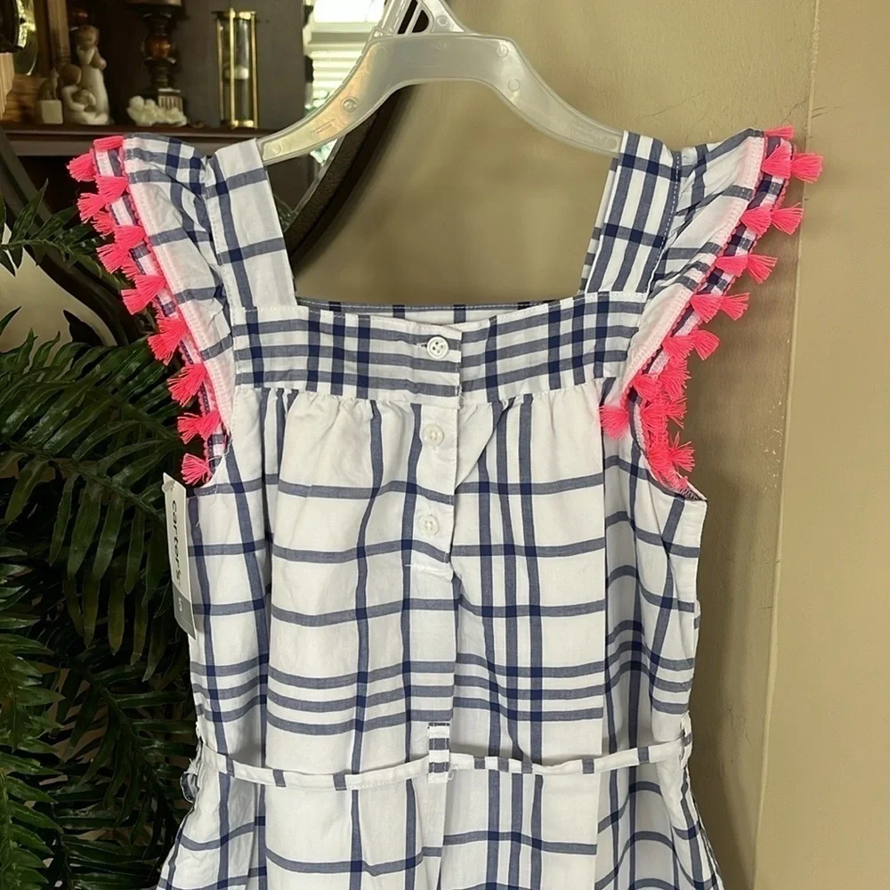 Brand New Carter’s White Blue Plaid Dress w/ Pink Tassels Tie Waist Lined Casual